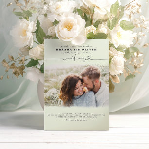 Cute Script Elegant Photo Overlay Sage Wedding Kaart