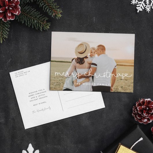 Cute script Merry kerstfoto Briefkaart