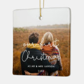 Cute script Ons eerste kerstpaar foto Keramisch Ornament (Links)