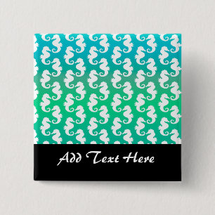 Cute Seahorse Pattern on Blue Green Vierkante Button 5,1 Cm