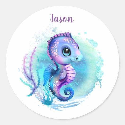 Cute Seahorse Summer Name Boy Ronde Sticker (Voorkant)