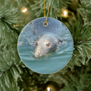 Cute Seal zwemt in Ocean Kerstmis Keepomwille Keramisch Ornament