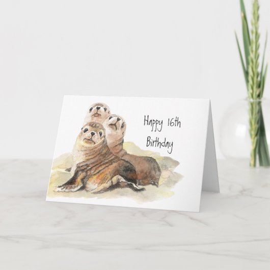 Cute Seals 16th Birthday Waterverf Animals Kaart (Voorkant)