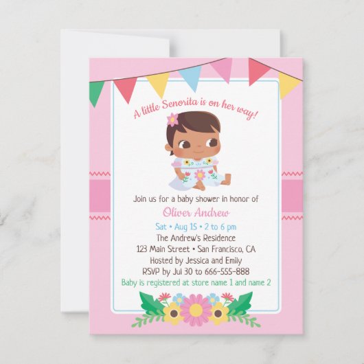 Cute Senorita Girl Floral Fiesta Baby shower Kaart (Voorkant)