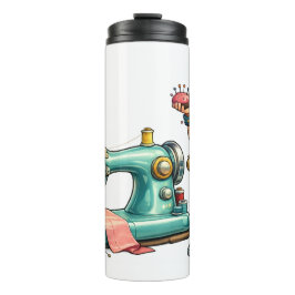 Cute Sewing Girl Cartoon with Vintage Machine Thermosbeker