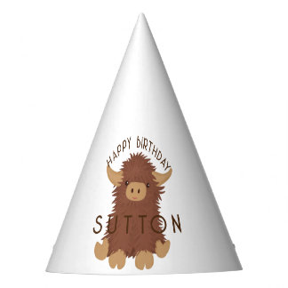 Cute, shaggy Highland koe, aangepast ontwerp Feesthoedjes