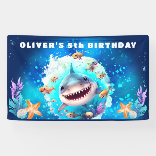 Cute Shark Boy Birthday Party Spandoek (Horizontaal)