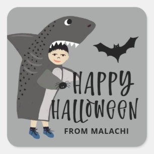 Cute Shark Costume Kinder Name Halloween Party Vierkante Sticker