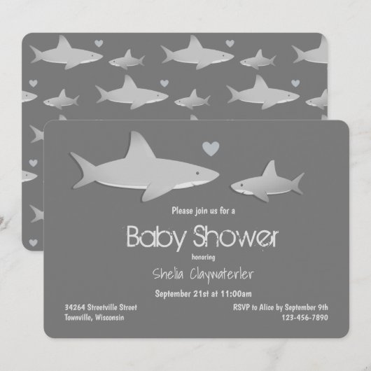 Cute Shark Grey Baby shower Kaart (Voorkant / Achterkant)