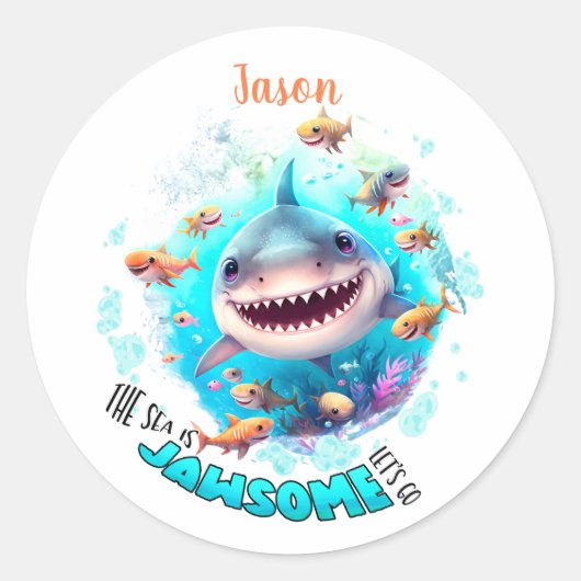 Cute Shark Summer Name Boy Ronde Sticker (Voorkant)