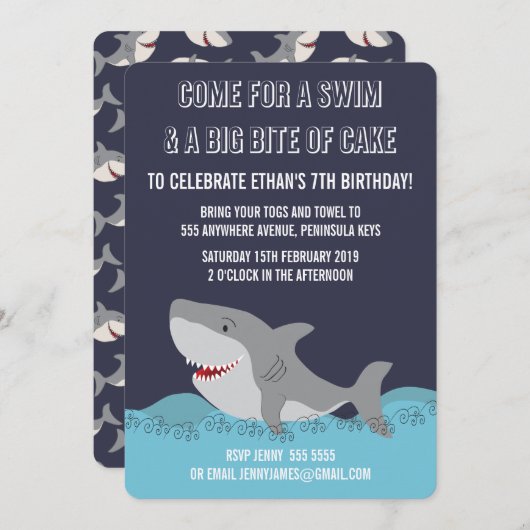 Cute Shark Thème Pool Boys Birthday Invitation (Devant / Derrière)