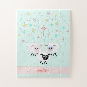 Cute Sheep & Stars Monogrammed Childrens Puzzle Legpuzzel