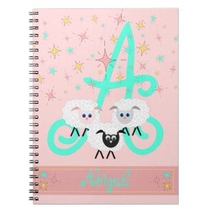 Cute Sheep & Stars Name & Initiaal Monogram Pink Notitieboek