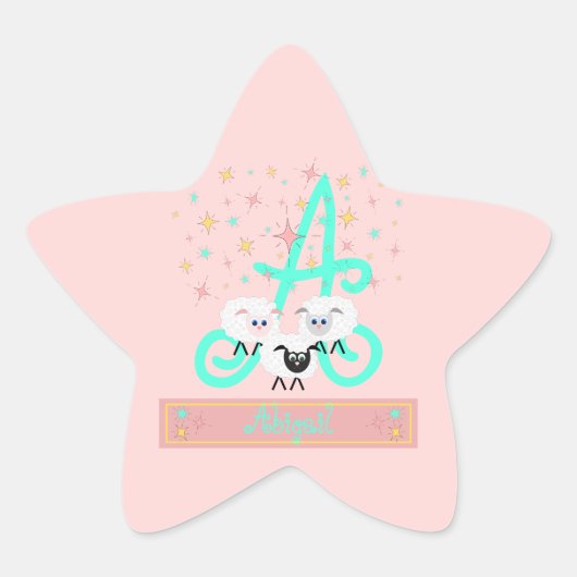 Cute Sheep & Stars Name & Initiaal Monogram Pink Ster Sticker (Voorkant)