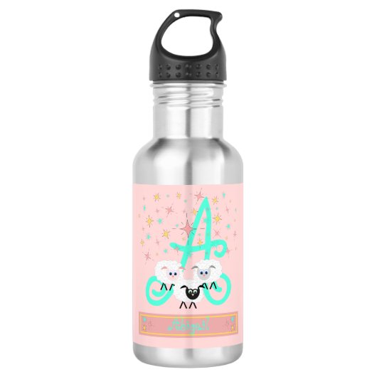 Cute Sheep & Stars Name & Initiaal Monogram Pink Waterfles (Voorkant)