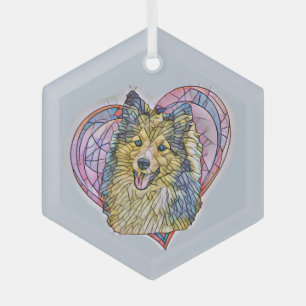 Cute Sheltie Dog Ma Lover Heart Glas Ornament