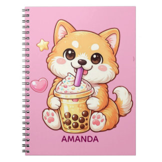  Cute Shiba Inu Dog Drinking Bubble Tea Add Name Notitieboek