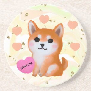 Cute Shiba Inu Hearts   Voor Hondenliefhebber Zandsteen Onderzetter