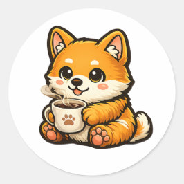 Cute Shiba Inu with Coffee – Cozy Dog Illustration Ronde Sticker