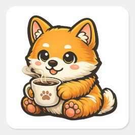 Cute Shiba Inu with Coffee – Cozy Dog Illustration Vierkante Sticker