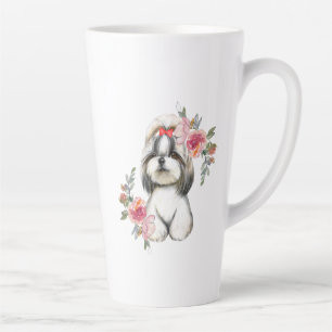 Cute Shih Tzu Dog met Flowers Waterverf Art Latte Mok