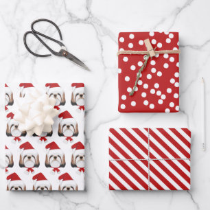 Cute Shih tzu Dog & Red Striped Kerstmis Inpakpapier Vel