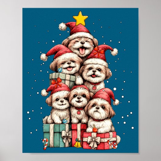 Cute Shih Tzu Le Dog Christmas Tree Xmas Hat Long  Poster (Voorkant)
