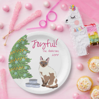 Cute Siamese Cat with Tuna Joyful Christmas  Papieren Bordje