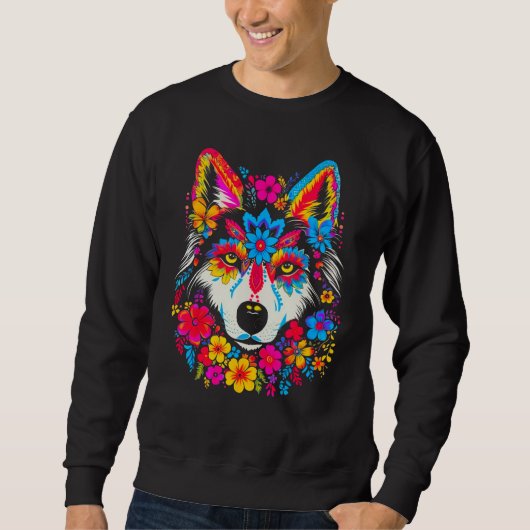 Cute Siberian Husky Dog Flowers Trui (Voorkant)