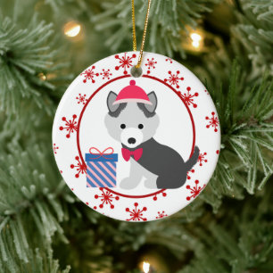 Cute Siberian Husky Puppy Snowflake Keramisch Ornament