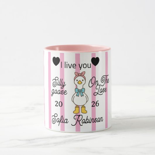 Cute Silly Goose Pink Stripe Personalized Mug (Centre)