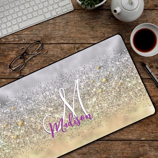 Cute Silver Glitter sterren Monogram Bureaumat