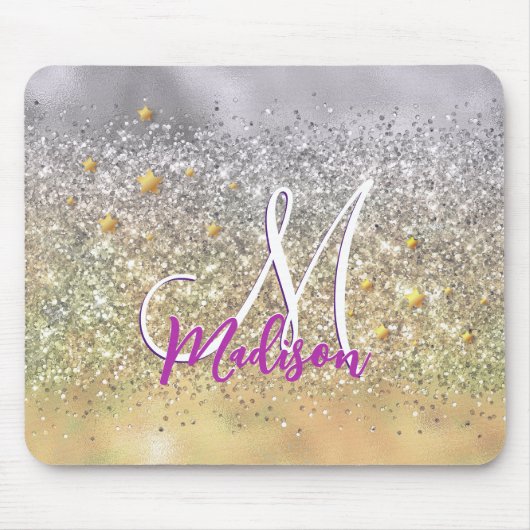 Cute Silver Glitter sterren Monogram Muismat (Voorkant)