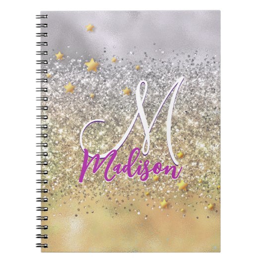 Cute Silver Glitter sterren Monogram Notitieboek (Voorkant)
