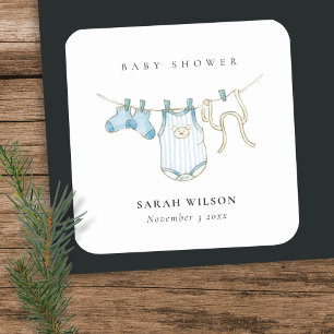 Cute Simple Baby Clothesline Blue Boy Baby shower Vierkante Sticker