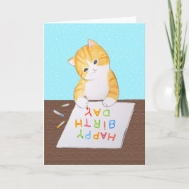Cute sinaasappel Tabby Cat Writing Happy Birthday Kaart