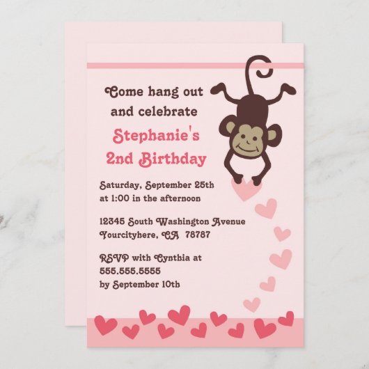 Cute singe coeurs invitation à la fête d'anniversa (Devant / Derrière)