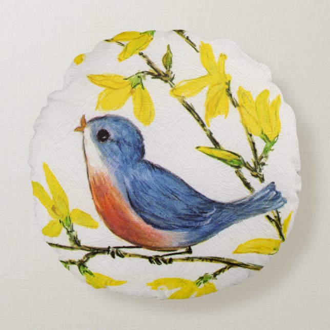 Cute Singing Blue Bird Tree Branch Rond Kussen (Voorkant)