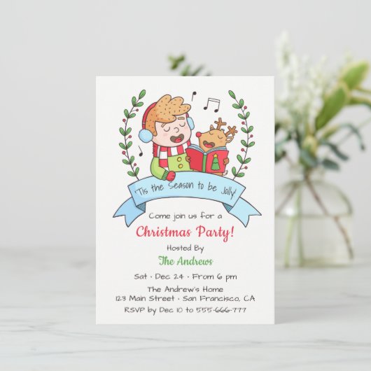 Cute Singing Boy and Reindeer Kerstparty Kaart (Staand voorkant)