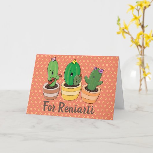 Cute singing cactus trio cartoon illustratie kaart (Gele Bloem)