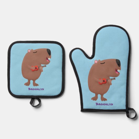 Cute singing capybara ukulele cartoon ovenwant & pannenlap set (Voorkant)