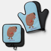 Cute singing capybara ukulele cartoon ovenwant & pannenlap set (Voorkant / Achterkant)