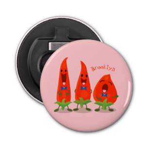 Cute-Singing chili peppers cartoon illustratie Button Flesopener