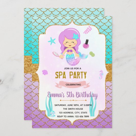 Cute sirènes thème spa invitation (Devant / Derrière)