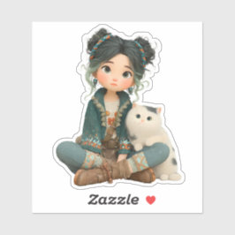 Cute Sitting Girl with Cat – Cozy Character Sticke Sticker