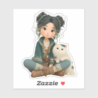 Cute Sitting Girl with Cat – Cozy Character Sticke Sticker