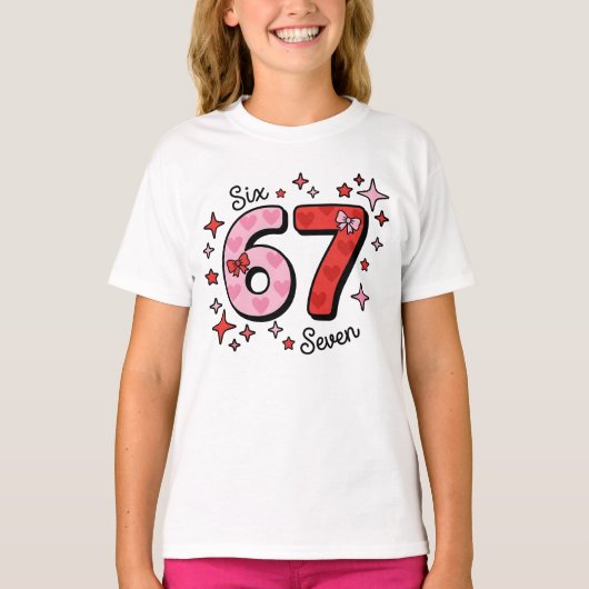 Cute Six Seven Meme – Pink & Red 6 7 with Hearts T-shirt (Voorkant)