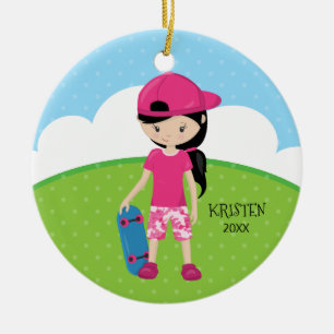 Cute Skateboard Girl, speciaal voor kerstmis Keramisch Ornament