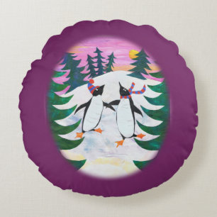 Cute Skating Penguins Sneeuwscène Fun Round Pillow Rond Kussen