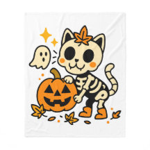 Cute Skeleton Cat with Pumpkin Fleece Blanket